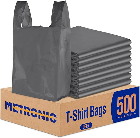 METRONIC 500 Count Grey Plastic T-shirt Bags with Handle, 12" x 6.5" x 22" Plastic Carry Bags for Retail, Supermarket, Grocery Shopping Bag for Packaging, Takeout, Convenience Stores, in Bulk