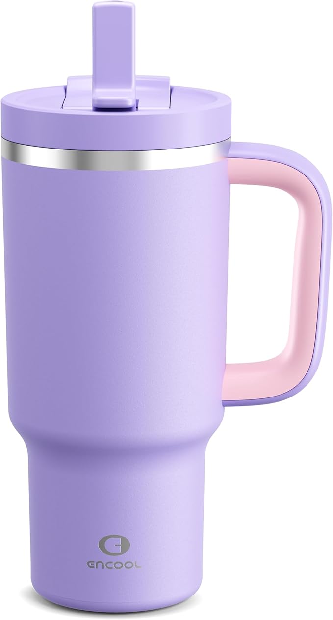 32 oz Tumbler with Handle and Straw: Stainless Steel Insulated Tumbler Keeps Cold for 24 Hours, Leakproof Travel Cup Fits in Cup Holder and BPA-Free, Mauve