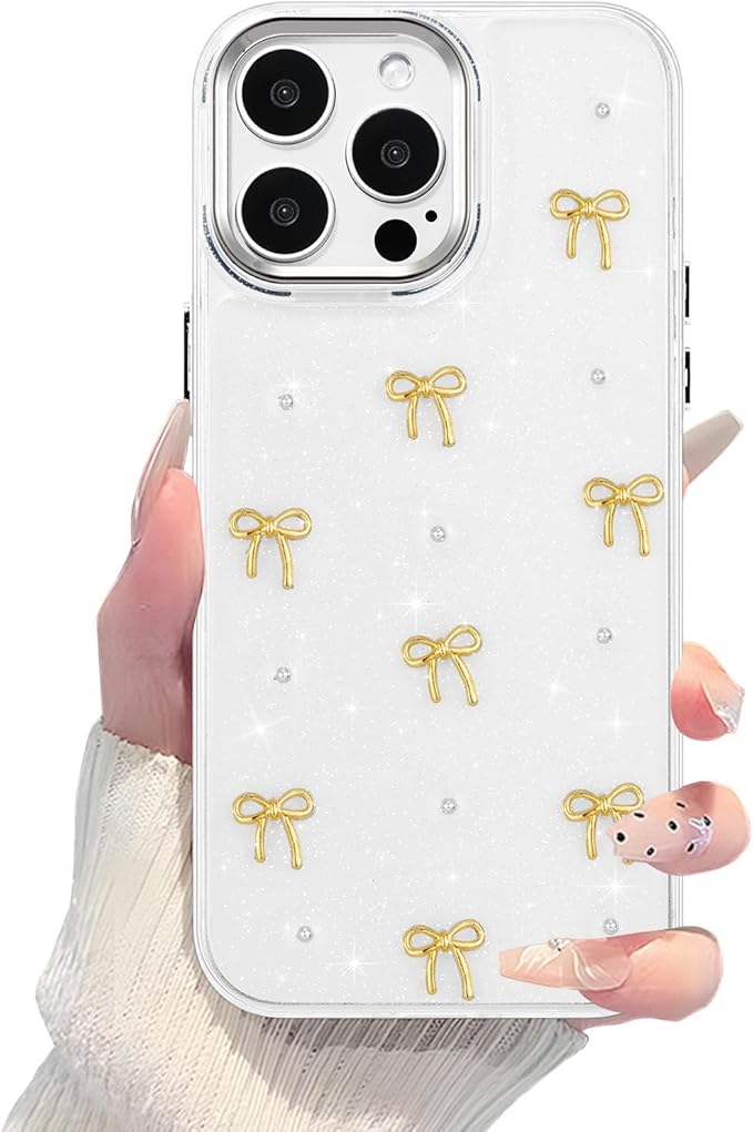 EYZUTAK Case for iPhone 13 Pro, Bling Glitter 3D Bowknot Phone Case Cute Sparkly Crystal Clear Bow Aesthetic Design Case Slim Soft Durable TPU Transparent Protective Cover for Women Girls - Gold Bow