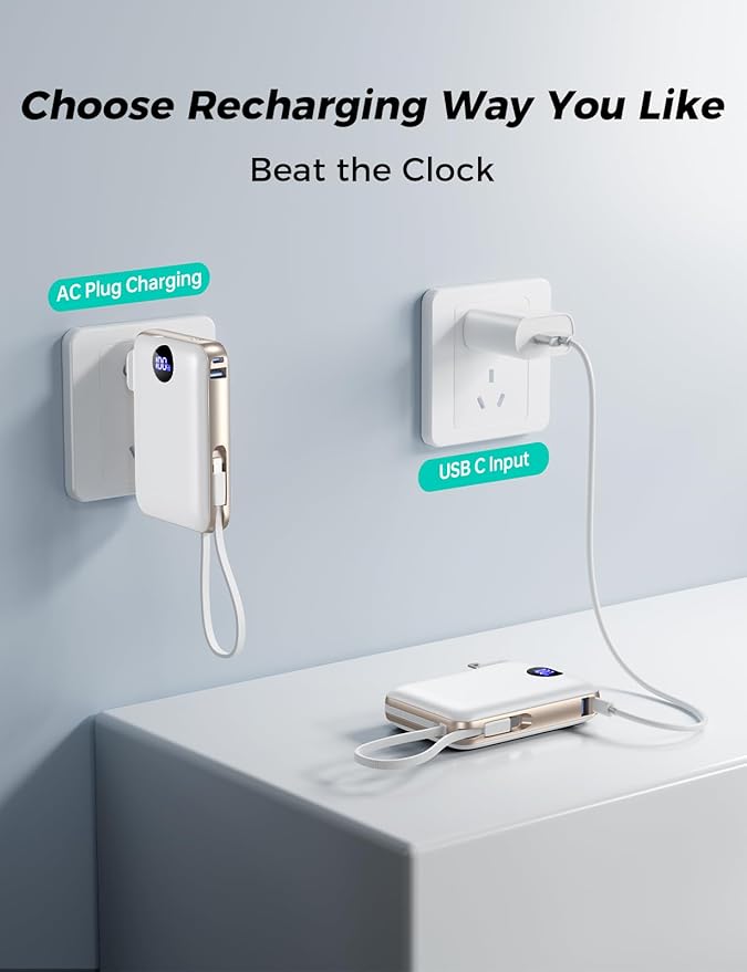 Portable Charger with Built in Cables & Wall Plug,10000mAh Power Bank, 4 Outputs,22.5W USB C Fast Charging,Slim Travel Essential Battery Pack with LED Display for iPhone 17/16/15/14 Series, Samsung