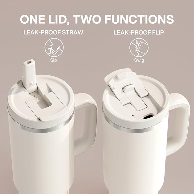 40 oz Tumbler with Handle and Straw: Stainless Steel Insulated Tumbler Keeps Cold for 24 Hours, Leakproof Travel Cup Fits in Cup Holder and BPA-Free, Cream Moon