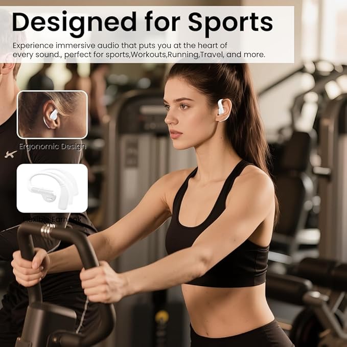 Wireless Earbuds Bluetooth Headphone Sport, 2025 Bluetooth Earbuds Stereo Deep Bass Over Ear Bud with Earhooks, ENC Noise Cancelling Mic,Waterproof Earphone for Workout/Running-White