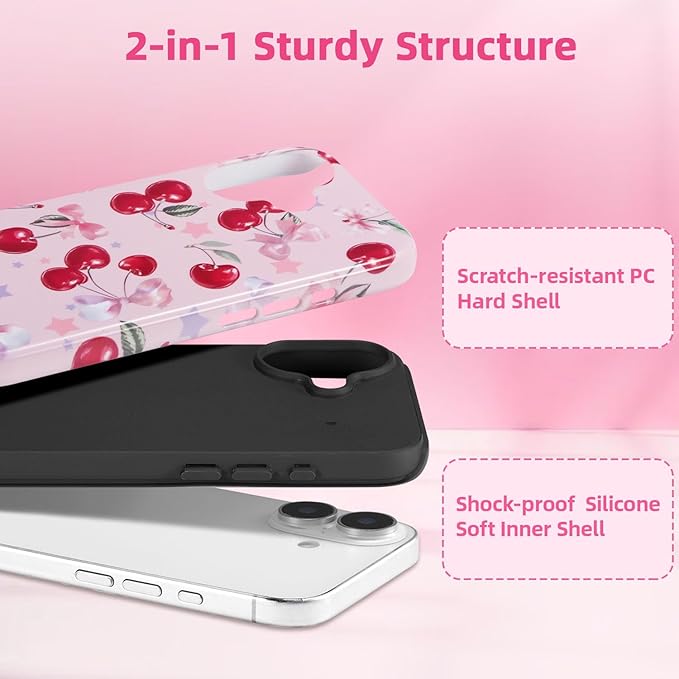 QLTYPRI Case for iPhone 16, Aesthetic Cute Pink Cherry Bow Phone Case for Girls Women, Protective Hybrid 2-Layer Hard Shell Silicone Cover Durable Shockproof Phone Cover - Pink