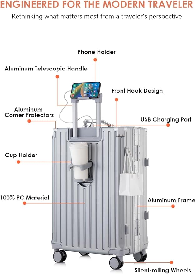 26 Inch PC Hard Shell Checked In Luggage with Aluminum Frame, Grey Suitcase with Cup Holder and USB Port, Zipperless Luggage for Business Travel