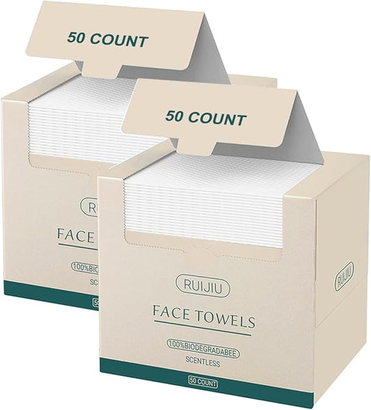 100 Count 2 PACK, Disposable Face Towel, Large Size 10"X 12", Disposable Face Cloths, 100% Biodegradable Towel, Skin Soft and Thick for Washing