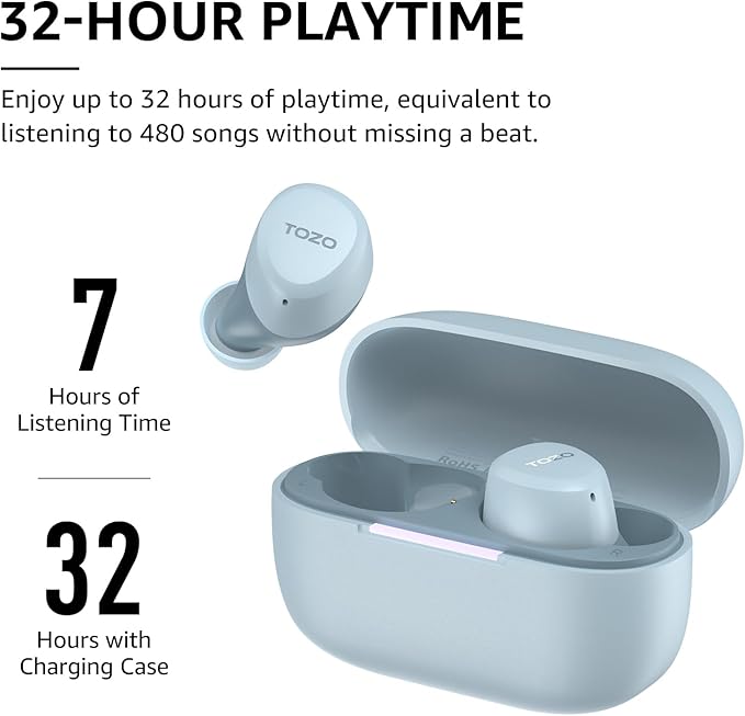 TOZO A1 Wireless Earbuds Bluetooth 5.3 Light Weight in Ear IPX5 Waterproof Headphones 2 Mic for AI Calls, Immersive Premium Sound Bass Headset with Charging Case, 32 Presets EQ Customization via App
