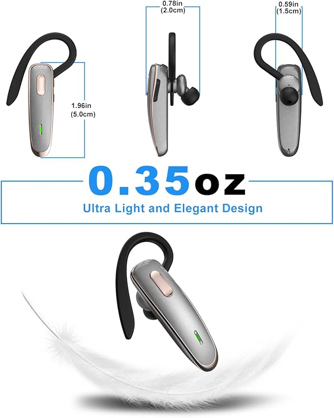 Bluetooth Earpiece, V5.1 Ultralight Wireless Handsfree Headset for Cell Phone with Noise Cancellation Microphone for iOS Android Samsung Laptop Trucker Driver - Grey