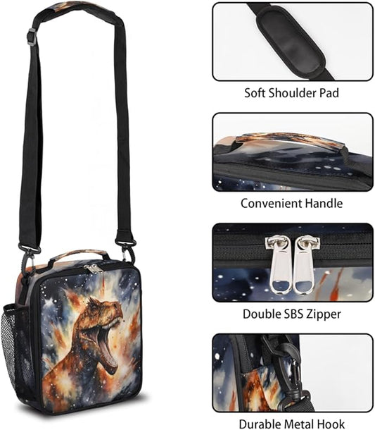 Dinosaur Stars Fire Watercolor Dark Insulated Lunch Bag for Men Women Reusable Lunch Box Thermal Cooler Lunch Tote With Adjustable Shoulder Starp for Camping Office Picnic Adults,A1