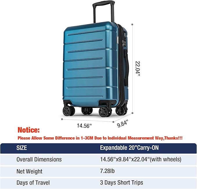 KYME Hardside Expandable Carry On Luggage 22x14x9 Airline Approved 20 Inch Hardshell Carry On Suitcase with Wheels TSA Lock Small Travel Rolling Luggage with Cup Holder for Women Men Lt Blue