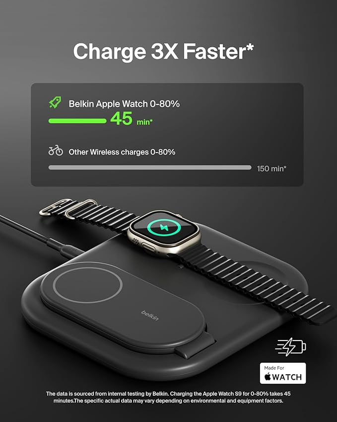 Belkin 3-in-1 MagSafe-Compatible iPhone Charger 15W, Foldable Magnetic Qi2-Certified Wireless Charging Station for iPhone 17, Apple Watch Series 10, AirPods 4, Pixel 10, w/Non-Slip Base & PSU - Black