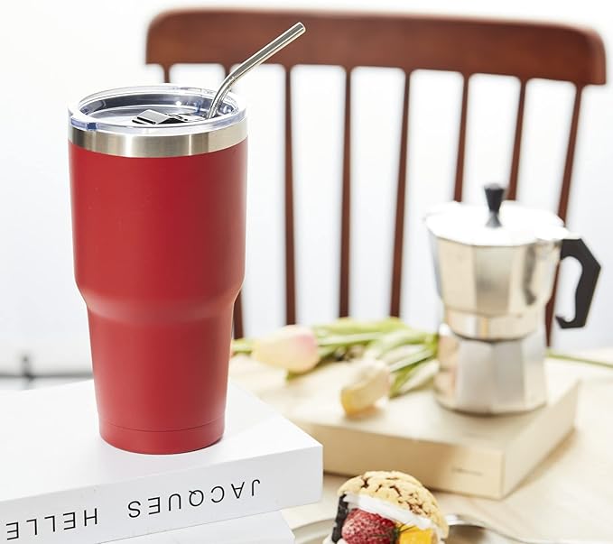 COMOOO 30oz Tumbler Stainless Steel Insulated Tumbler with Lid Double Wall Vacuum Coffee Cup Large Travel Mug for Home, Office, School,Party (Red, 8 Pack)