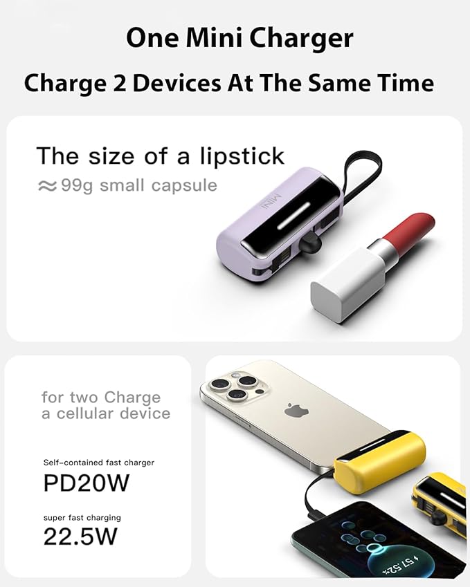[2-Pack] Portable Charger Power Bank for iPhone,5500mAh USB C Battery Pack Travel Essentials Phone Charger Built in Cable & Foldable Stand,22.5W Fast Charging for iPhone 16/15/14,Samsung,Android