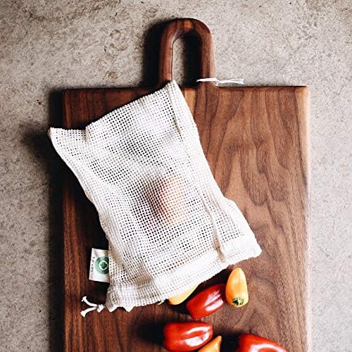 Reusable Cotton Mesh Produce Bags - 100% Organic Cotton, Durable, Double Stitched, Washable with Tare Weight & Drawstring - Mesh Bags for Grocery Shopping, Vegetables & Fruits | Set of 6 (2L, 2M, 2S)