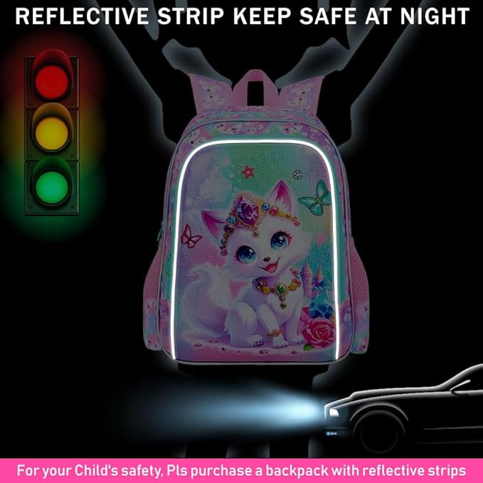 3Pcs Fox Backpack for Girls, 16" Kids Bookbag with Lunch Box，School Backpacks for Elementary Preschool Kindergarten (Pink)