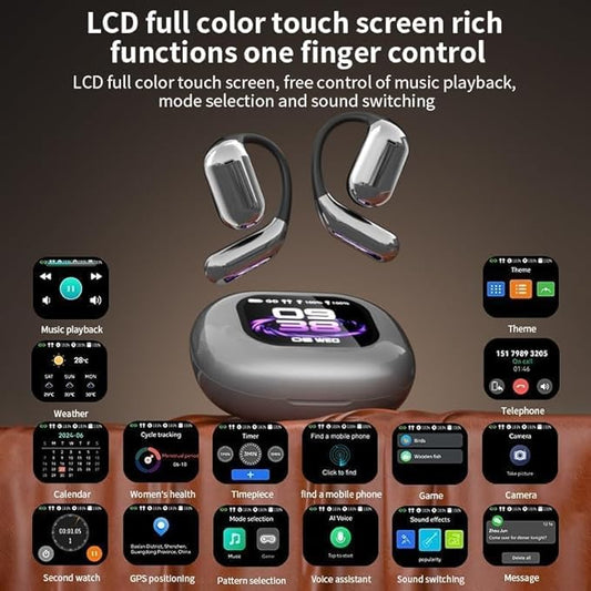 Open Ear Earbuds Intelligent Touch Screen Ultra Comfort Bluetooth 5.4 Headphones Over The Ear Earphones with Ear Hooks IPX7 Waterproof Bone Conduction Earbuds for Running Fitness Sport Workouts,Grey3