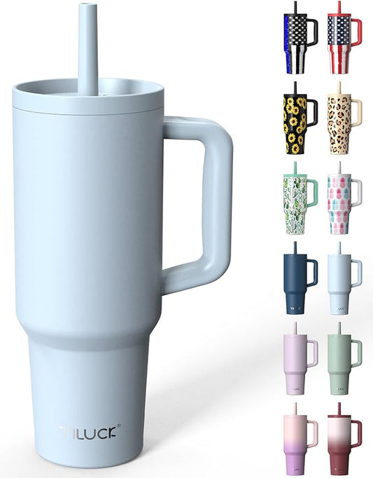 TILUCK 40 oz Tumbler with Handle, Vacuum Insulated Stainless Steel Travel Mug with 100% Leak-Proof Silicone Straw Lid, Cupholder Friendly Water Bottle(LightBlue, 40oz)