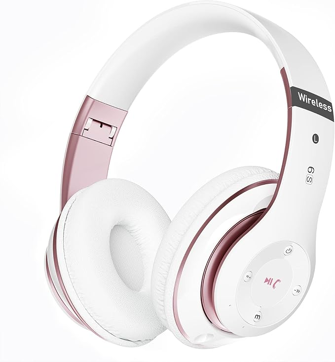 Bluetooth Headphones Over Ear, 6S Foldable Wireless Headphones with 6 EQ Modes, 40 Hours Playtime HiFi Stereo Headset with Mic, Soft Ear Pads, TF/FM for Cellphone/PC/Home (White & Rose Gold)