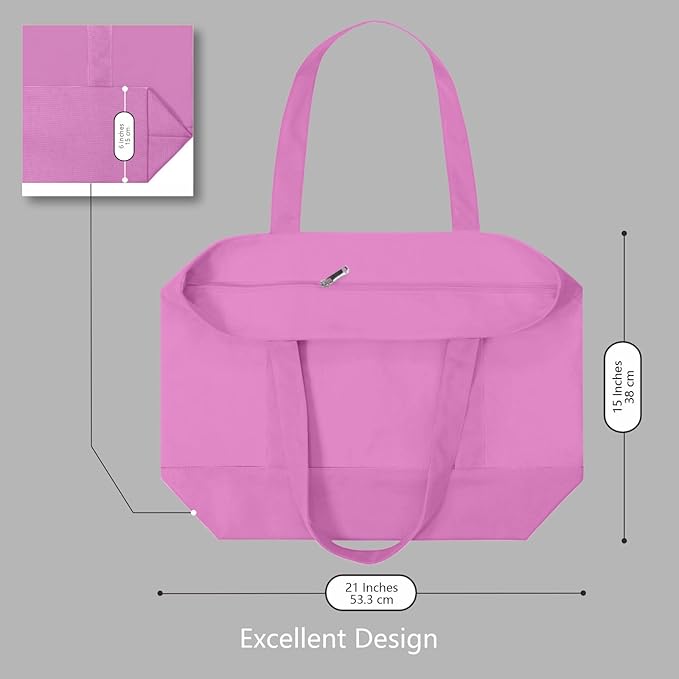 TOPDesign 1-Pack Canvas Tote Bag with an External Pocket, Reusable Grocery Shopping Bag, Top Zipper Closure, Daily Essentials (Light Purple)