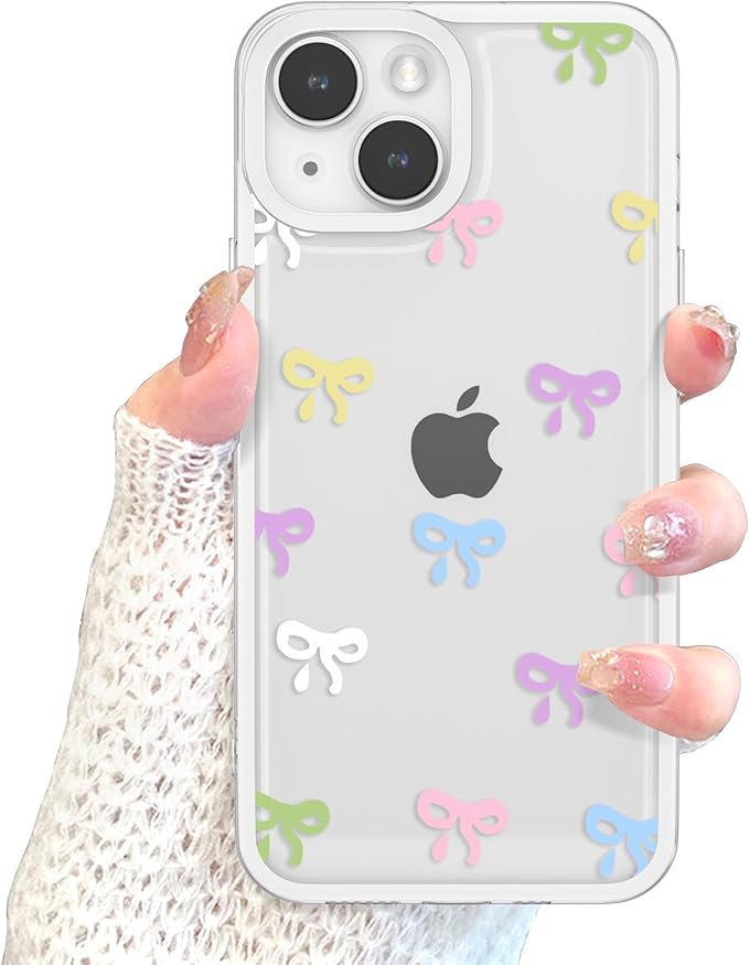 EYZUTAK Case for iPhone 13, Clear Cute Ribbon Bowknot Pattern Aesthetic Transparent Phone Case Raised Camera Protection Stylish Slim Soft Durable TPU Protective Cover for Women Girls - Colorful