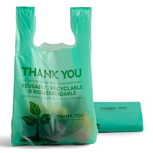 FMP Brands Eco Biodegradable Plastic Grocery Bags - 100 Count with Handles, Thank You T-Shirt Shopping Bags Bulk for Small Business, Restaurant, Groceries, Supermarket