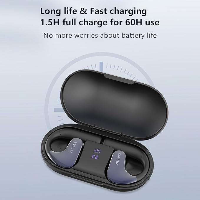 Open Ear Headphones, Wireless TWS Stereo Bluetooth 5.3 with Microphone, Ultra-Comfort, Fast Charging, IXP4 Waterproof, Lightweight, Smart Digital Display, Sport Earbuds, 300H, Black