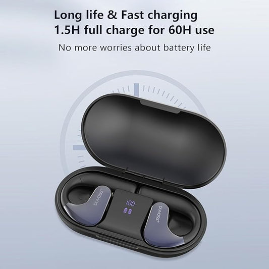 Open Ear Headphones, Wireless TWS Stereo Bluetooth 5.3 with Microphone, Ultra-Comfort, Fast Charging, IXP4 Waterproof, Lightweight, Smart Digital Display, Sport Earbuds, 300H, Black