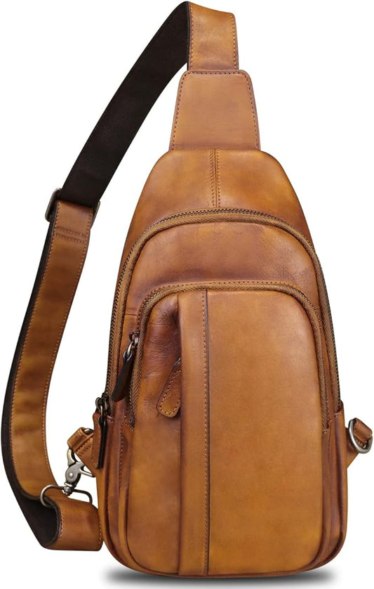 IVTG Genuine Leather Sling Bag Crossbody Casual Hiking Daypack Vintage Handmade Chest Shoulder Backpack Motorcycle Cycling Purses (Brown)
