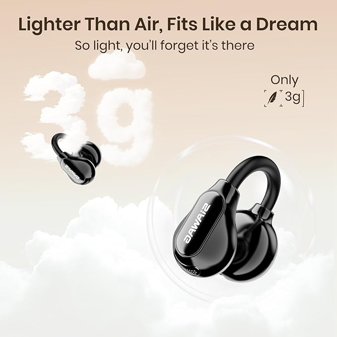 Clip On Earbuds, Wireless Open Ear Earbuds Headphones, Bluetooth 5.4, 11 mm Driver, HiFi 3D Stereo, Tap Control, Ultra-Light 3g Fit, IPX5 Waterproof Sport Earphones for Workouts and Daily Use