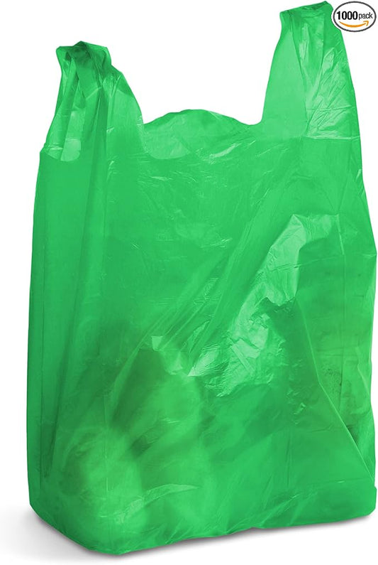 Green T-Shirt Bags, 10 x 5 x 18 Inches. Pack of 1000 Plastic Merchandise Bags, 18 Micron. Unprinted Grocery Bags with Handles. High Density Polyethylene Shopping Bags for Small Business