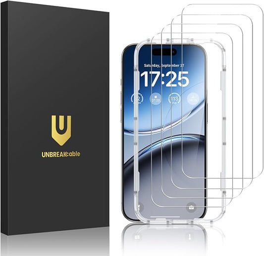 UNBREAKcable 4-Pack Screen Protector for iPhone 17, Double Shatterproof Tempered Glass [Easy Installation Frame] [9H Hardness] [99.99% HD Clear] [Case Friendly] for iPhone 6.3 inch