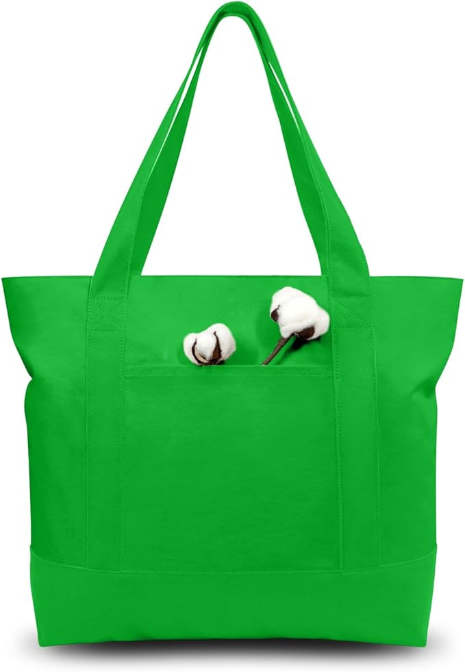 TOPDesign 1-Pack Canvas Tote Bag with an External Pocket, Reusable Grocery Shopping Bag, Top Zipper Closure, Daily Essentials (Lime Green)