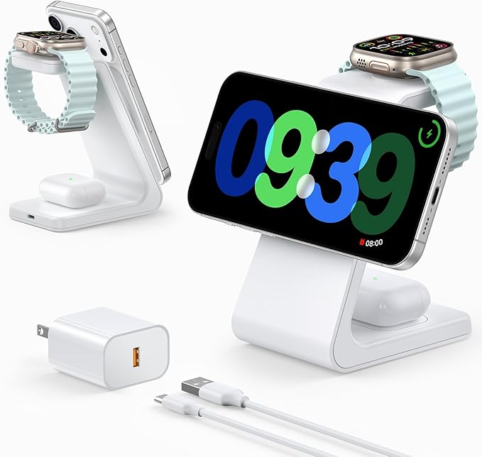 3 in 1 Wireless Charging Station for Apple Mag Safe Charger, 15W Fast Mag-Safe Charger Stand Compatible with iPhone 17 16 15 14 13 12, Apple Watch Charger & Airpods, Gifts for Wife & Husband, White