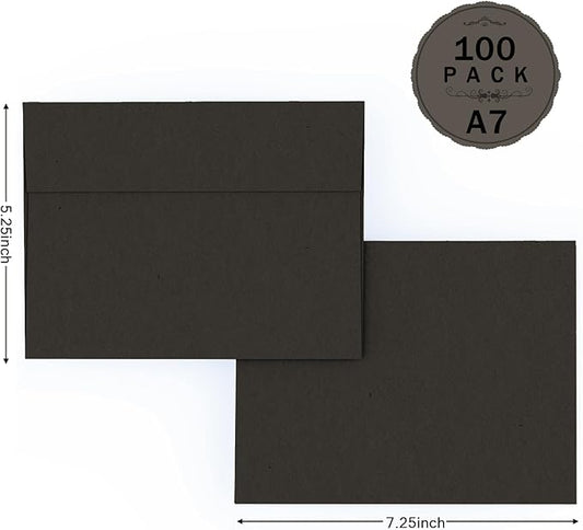 A7 Black Envelopes 100 Pack, Goefun Self Seal Printable Envelopes for Invitation, 5x7 Greeting Cards, Graduation, Birthday, 5.25 x 7.25 in, 120GSM