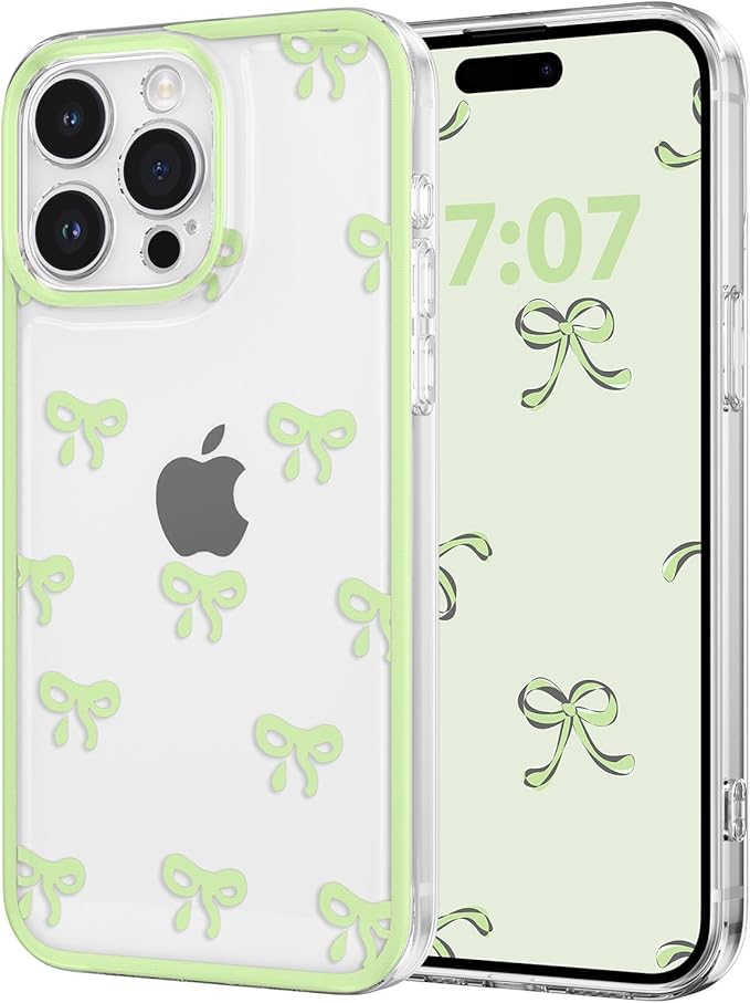 EYZUTAK Case for iPhone 15 Pro Max, Clear Cute Ribbon Bowknot Pattern Aesthetic Transparent Phone Case Raised Camera Protection Stylish Slim Soft Durable TPU Protective Cover for Women Girls - Green