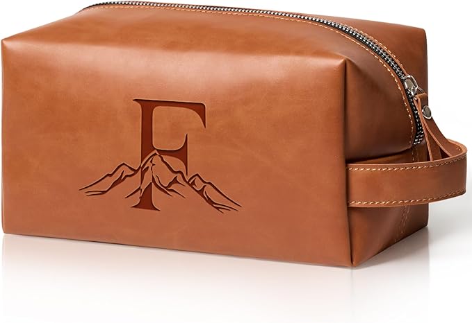 Personalized Gifts Travel Toiletry Bag for Men Engraved Initial PU Leather Waterproof Shaving Bag for Toiletries Accessories Fathers Day Birthday Gift for Men Dad Husband Son, Light Brown F