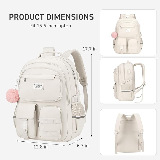 School Backpack for Teen Girls, Cute Laptop Backpack for Women Students, Middle High School Bags Aesthetic Bookbag for College Travel Fit 15.6 Inch Laptop (Beige)