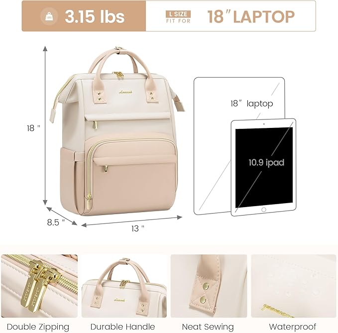 LOVEVOOK Leather Backpack for Women,18 inch Leather Laptop Backpack Women,Professional Work Backpack Nurse College Teacher Bag,Womens Laptop Tote Bag Computer Travel Backpack Purse,Beige-Flesh Beige
