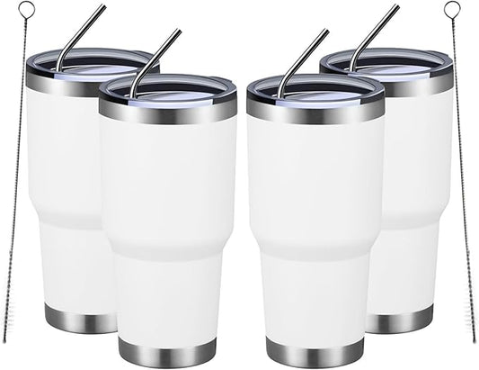 MEWAY 30oz Insulated Tumbler With Lids and Straws,Stainless Steel Double Vacuum Coffee Tumbler Cup, Brush, Durable Powder Coated Coffee Cup for Cold & Hot Drinks, Office(White,4 PACK)