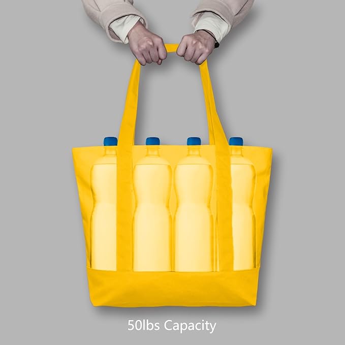 TOPDesign 1-Pack Canvas Tote Bags with an External Pocket, Reusable Grocery Shopping Bags, Top Zipper Closure, Daily Essentials (Yellow)