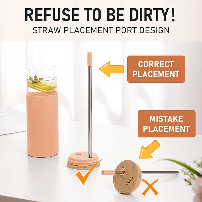 Glass Tumbler w/Lids & Straw - 24oz Reusable Glass Mug/Bamboo Lid & Stainless Steel Straw-BPA-Free,Leak-Proof,Dishwash Safe for Coffee/Smoothies/Hot Beverages, Travel/Office/Home Use,2-pk,Amber