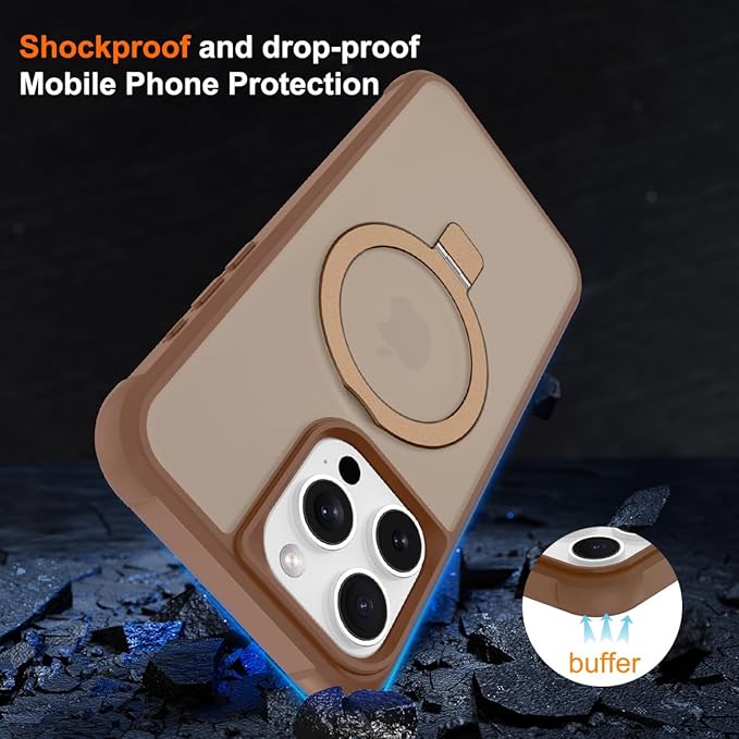Magnetic Compatible with iPhone 16 Pro Case with Stand [Military Grade Drop Tested][Compatible with Magnet] Ring Translucent Slim Hard Back Soft Edge, Desert Gold