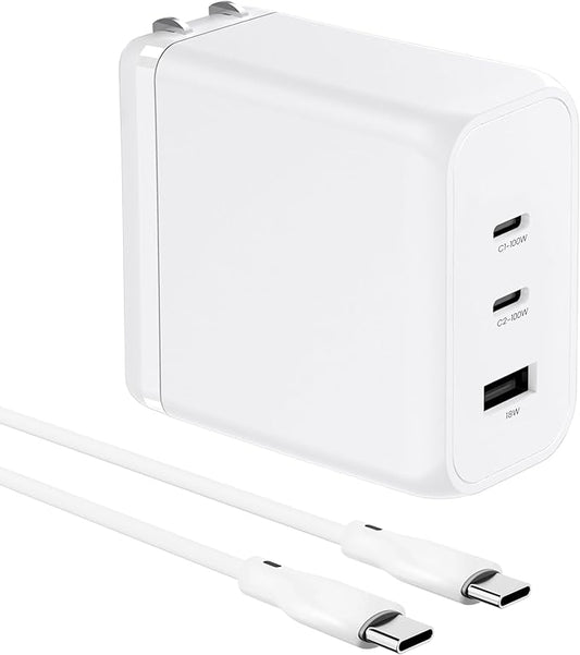 100W Smart GaN PD Charger, 6.6ft/2m 100W E-Mark Cable, 3 Ports (2 USB-C, 1 USB-A), Compatible with MacBook Pro, Pixelbook, ThinkPad, XPS, iPad Pro, Samsung S25 Ultra, iPhone 16 Pro & More