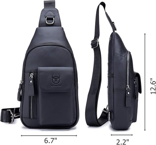 BULLCAPTAIN Genuine Leather Men Sling Bag Travel Crossbody Chest Bag Large Capacity Casual Hiking Daypack