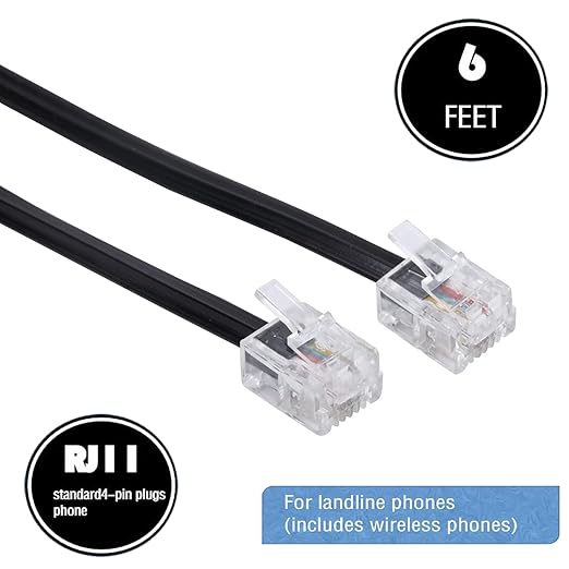 LanSenSu Telephone landline Extension Cord Cable Cord with Standard RJ-11 6P4C Plug (6Ft-3Pack-Black, Black)