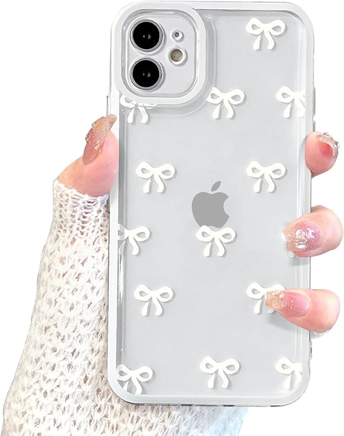EYZUTAK Case for iPhone 12, Clear Cute Ribbon Bowknot Pattern Aesthetic Transparent Phone Case Raised Camera Protection Stylish Slim Soft Durable TPU Protective Cover for Women Girls - White