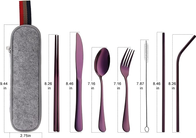 DEVICO Portable Utensils, Travel Camping Cutlery Set, 8-Piece including Knife Fork Spoon Chopsticks Cleaning Brush Straws Portable Case, Stainless Steel Flatware set (Purple)