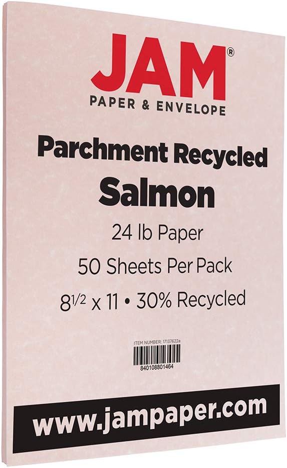JAM PAPER Parchment 24lb Paper - 90 GSM - 8.5 x 11 - Salmon Pink Recycled - 50 Sheets/Pack