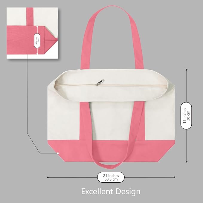 TOPDesign 3-Pack Canvas Tote Bags with an External Pocket, Reusable Grocery Shopping Bags, Top Zipper Closure, Daily Essentials (Rose Pink/Natural)