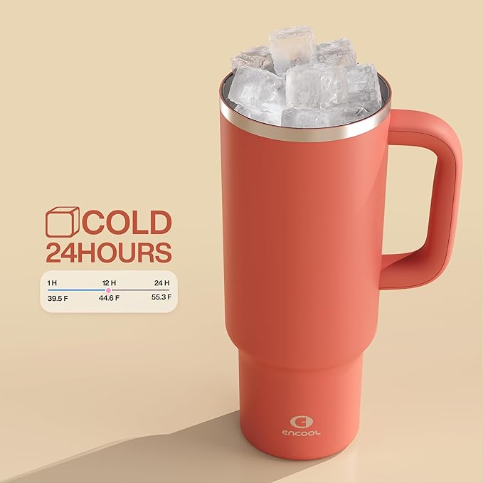 40 oz Tumbler with Handle and Straw: Stainless Steel Insulated Tumbler Keeps Cold for 24 Hours, Leakproof Travel Cup Fits in Cup Holder and BPA-Free, Tawny Orange