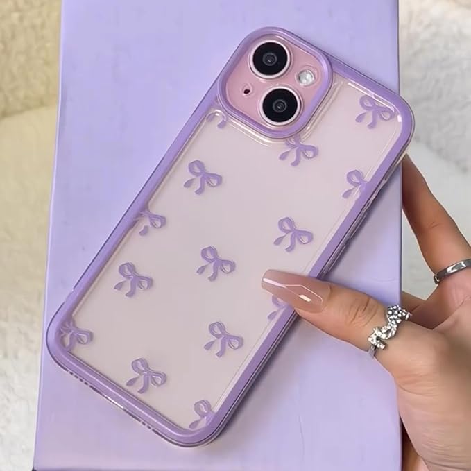 EYZUTAK Case for iPhone 15, Clear Cute Ribbon Bowknot Pattern Aesthetic Transparent Phone Case Raised Camera Protection Stylish Slim Soft Durable TPU Protective Cover for Women Girls - Purple